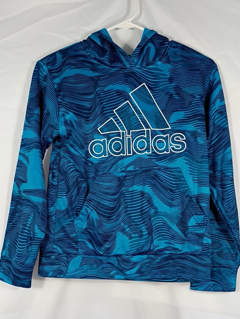 EUC Adidas Boys' Blue Swirl Hooded Pullover Sweatshirt Logo Sz Medium 10/12